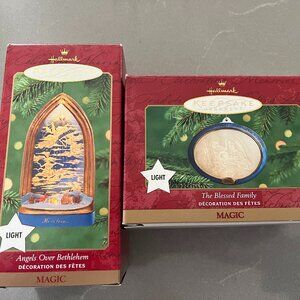 2 Hallmark Keepsake Ornaments (Lighted) - Blessed Family & Angels over Bethlehem